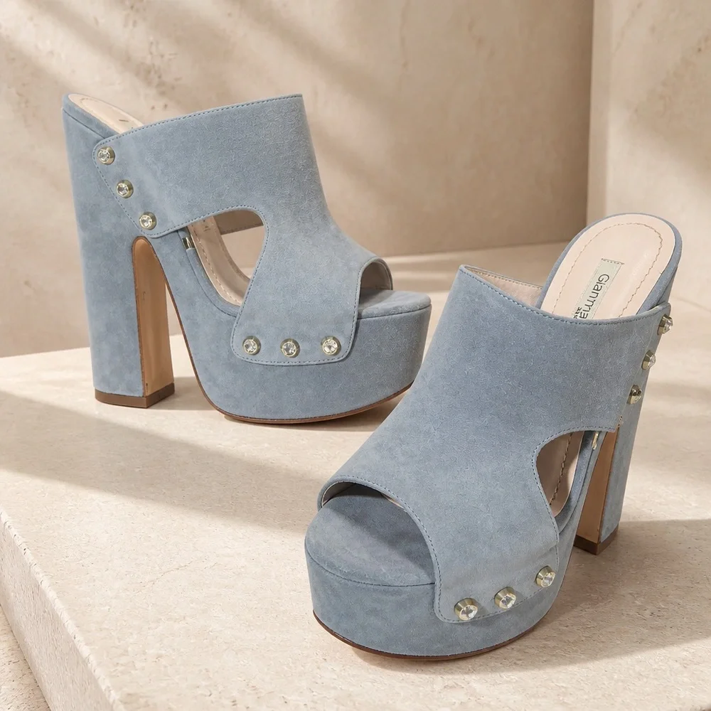 Gianmarco Lorenzi Women’s Powder Blue Suede Studded Platform Comfort Mules
